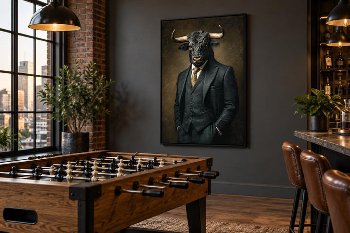 Framed canvas art of a bull in a suit hanging in a modern office with a foosball table and bar.