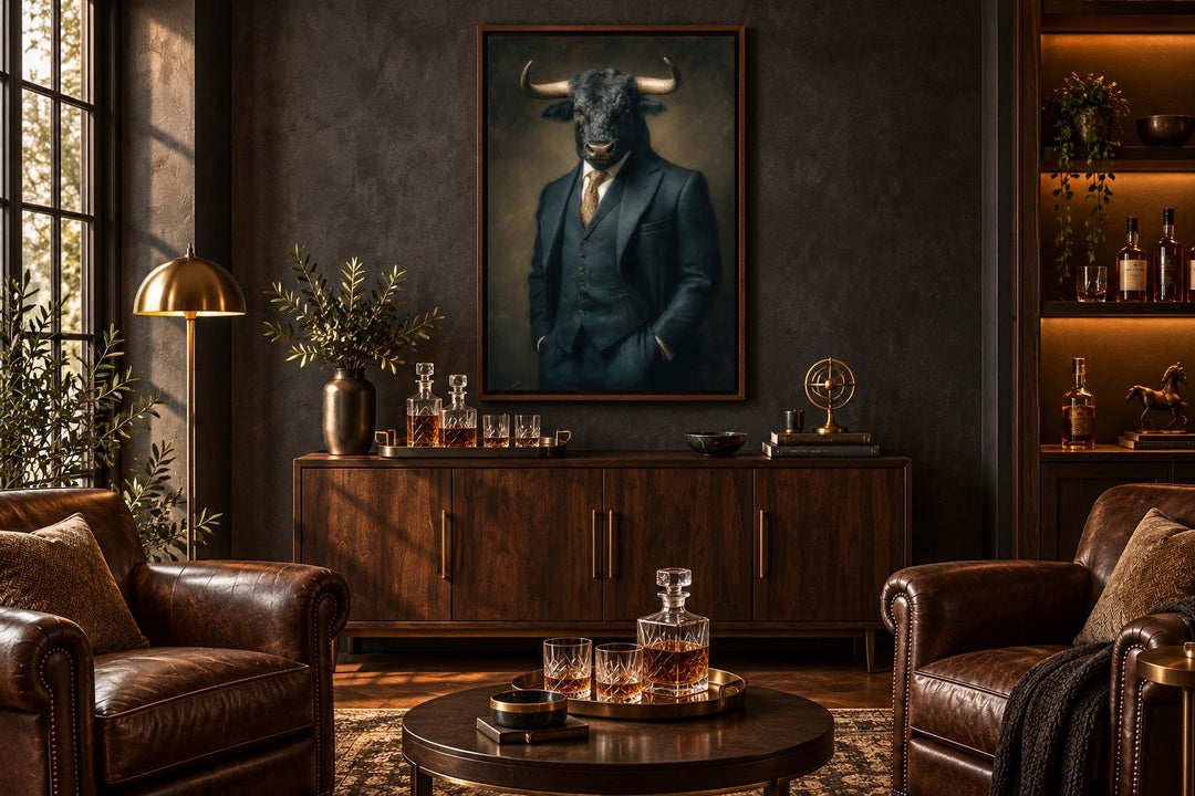 Framed canvas art of a bull in a suit hanging in a dark, executive office with leather chairs.