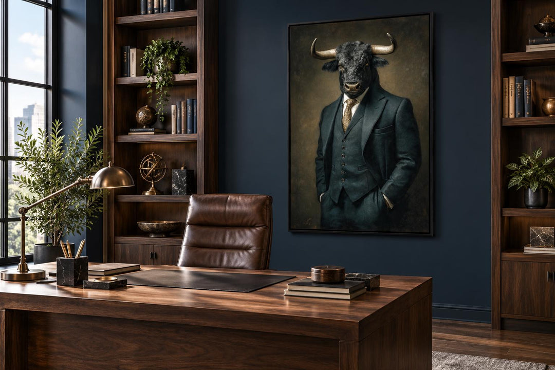 Bull In Suit Canvas wall art hanging in a dark, sophisticated office with a wooden desk and chair.