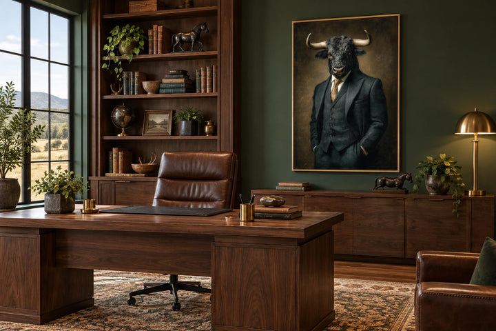 Bull In Suit canvas wall art hanging in a dark green office with a wooden desk and leather chair.