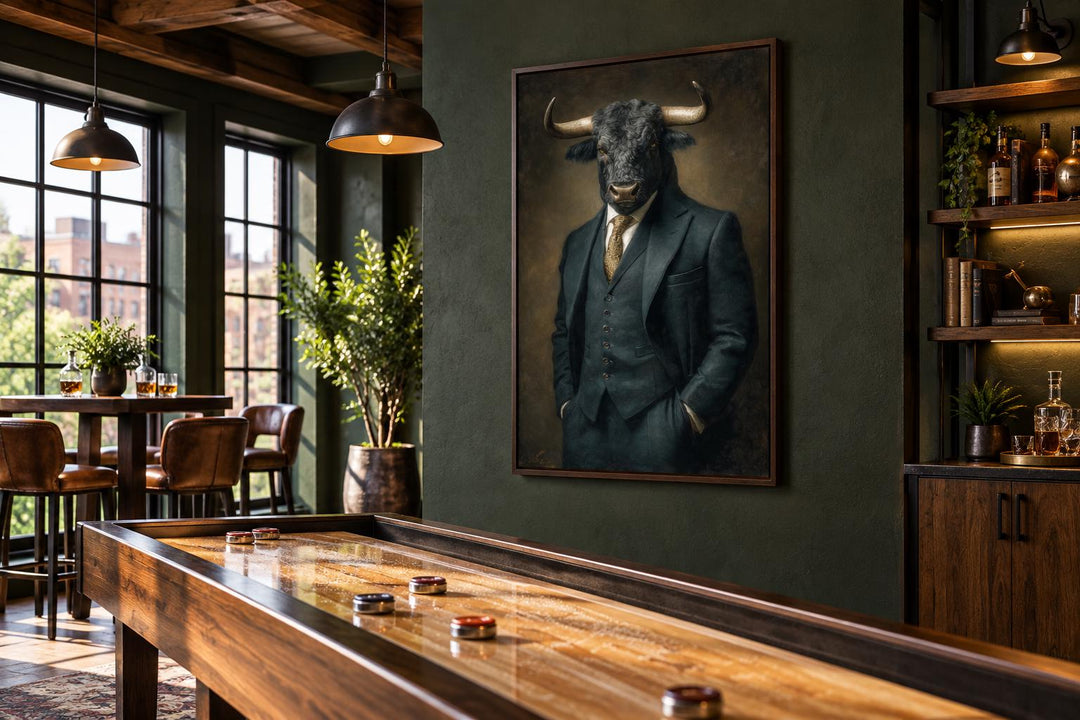 Framed canvas print of a bull in a suit on a dark wall in a modern lounge with a shuffleboard table.