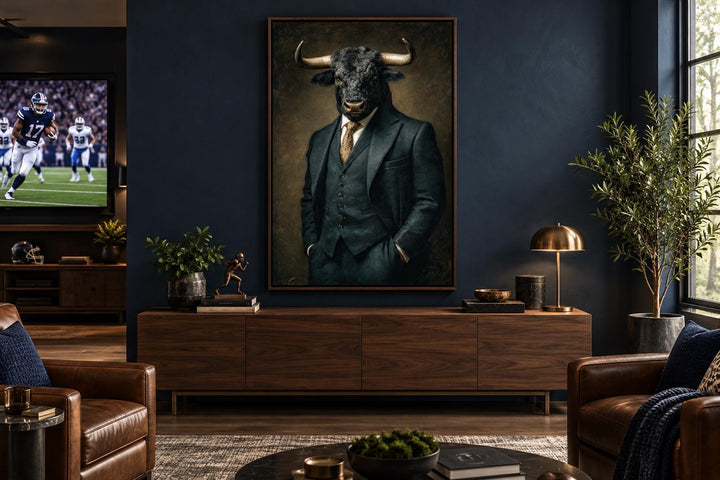 Bull In Suit canvas wall art hanging in a modern office with dark blue walls and leather furniture.