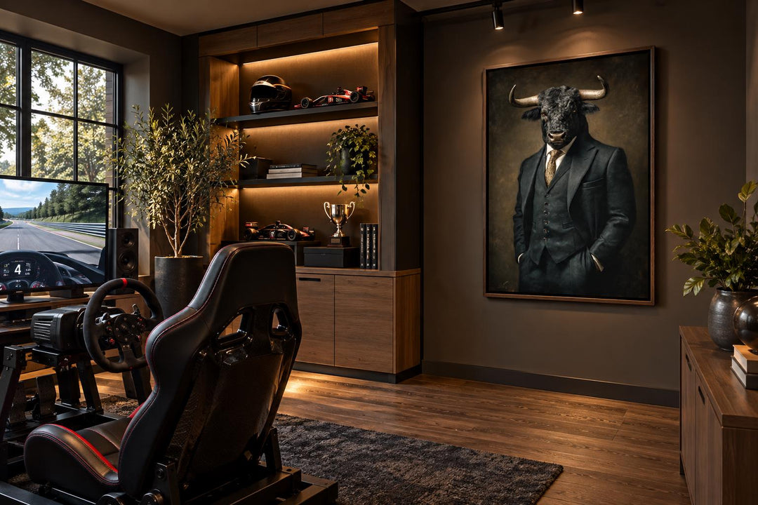 Bull In Suit Canvas wall art in a dark home office with a racing simulator and wooden shelves.