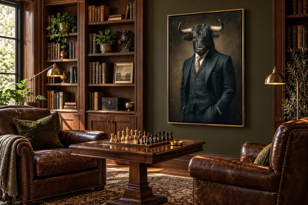 Bull in a suit canvas wall art hanging in a classic office with leather chairs and a chess set.