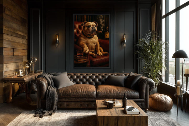 Bulldog Drinking Whiskey and Smoking Cigar Canvas Wall Art