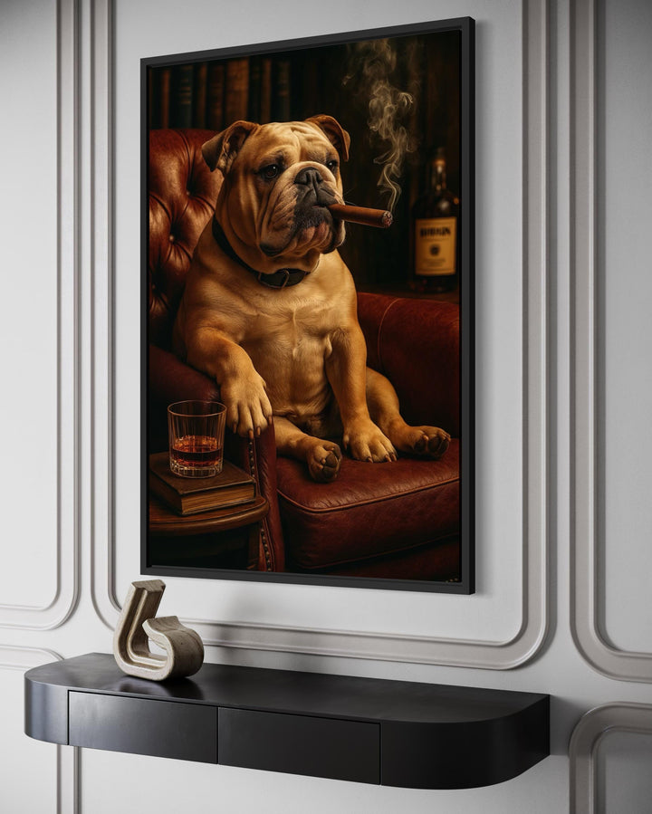 Bulldog Drinking Whiskey and Smoking Cigar Canvas Wall Art