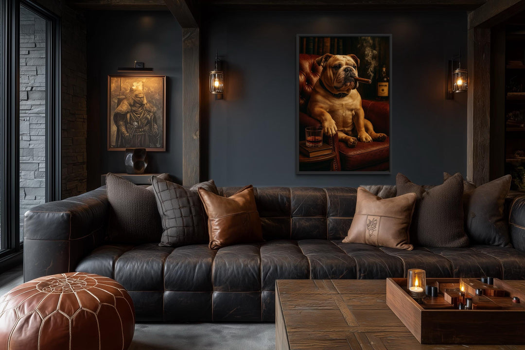 Bulldog Drinking Whiskey and Smoking Cigar Canvas Wall Art