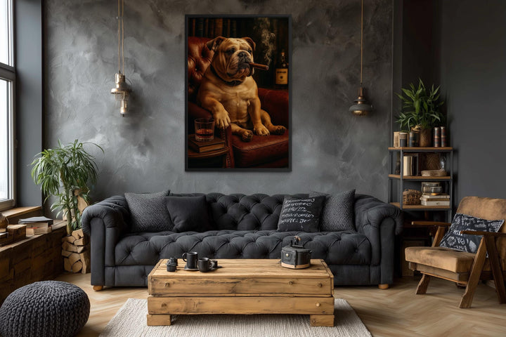 Bulldog Drinking Whiskey and Smoking Cigar Canvas Wall Art