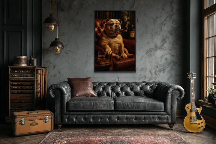 Bulldog Drinking Whiskey and Smoking Cigar Canvas Wall Art