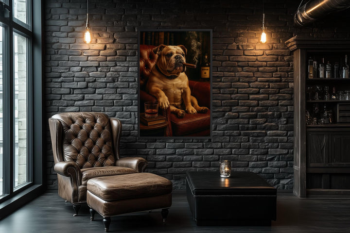 Bulldog Drinking Whiskey and Smoking Cigar Canvas Wall Art