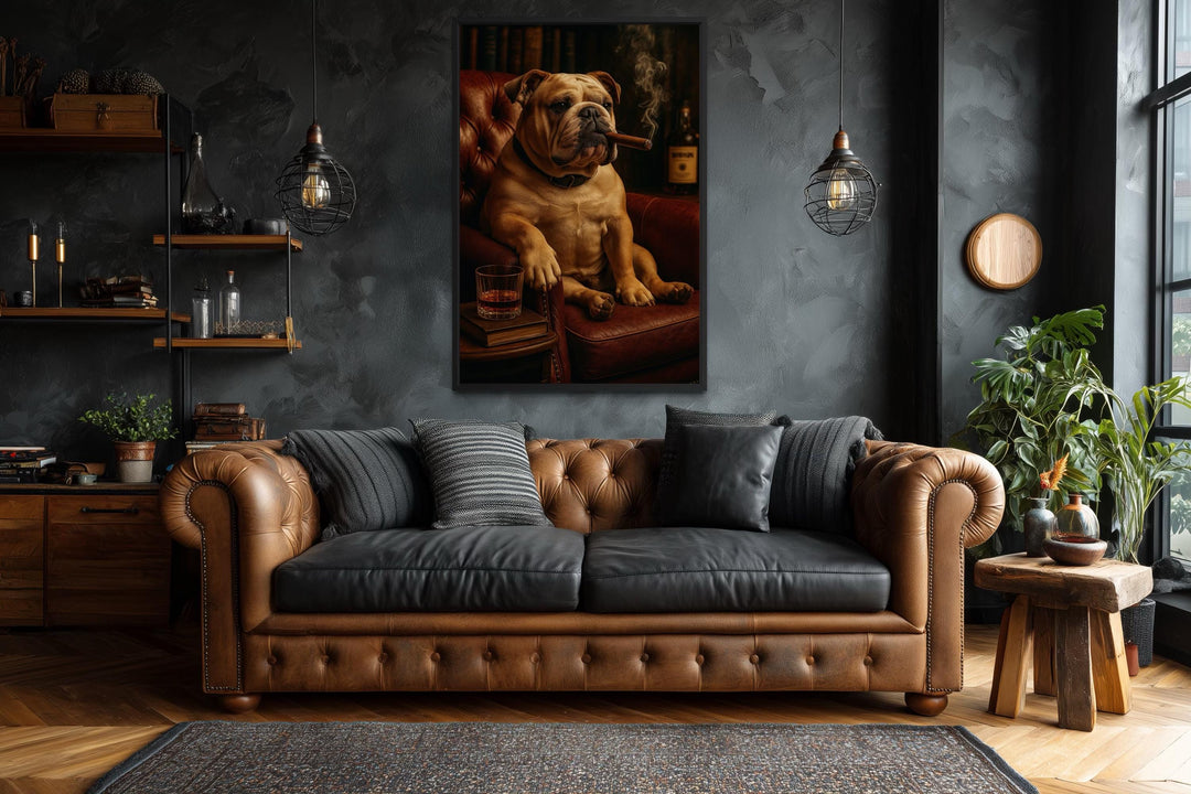 Bulldog Drinking Whiskey and Smoking Cigar Canvas Wall Art