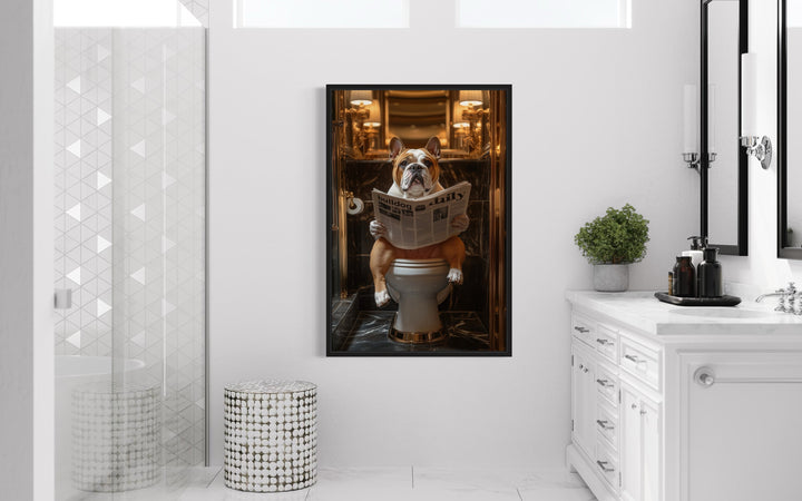 Bulldog On Toilet Reading Newspaper Bathroom Picture