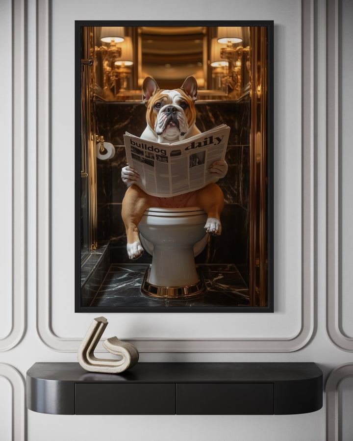 Bulldog On Toilet Reading Newspaper Bathroom Picture