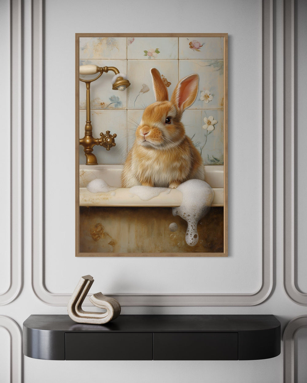 Bunny in a bathtub framed canvas wall art.