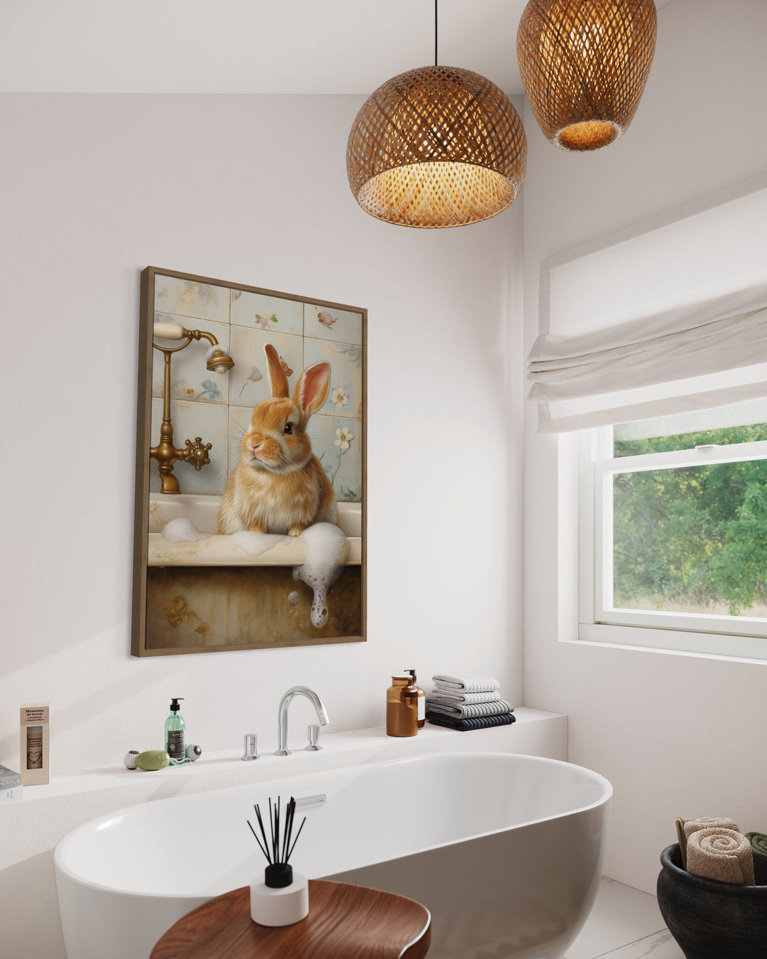 Bunny in the bathtub framed canvas wall art.