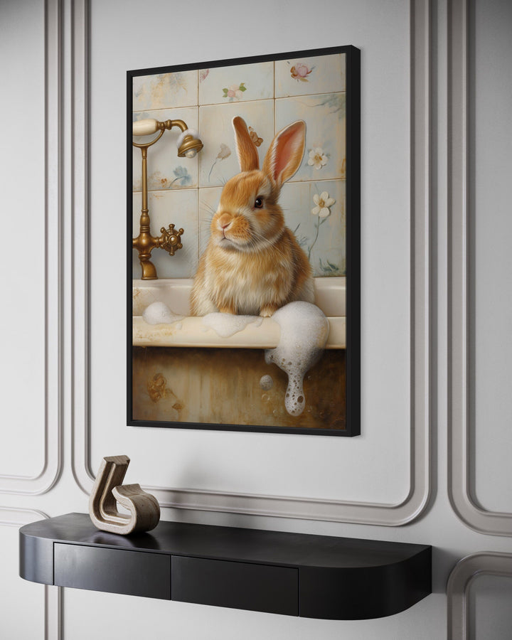 Framed canvas wall art of a bunny in a bathtub with bubbles.