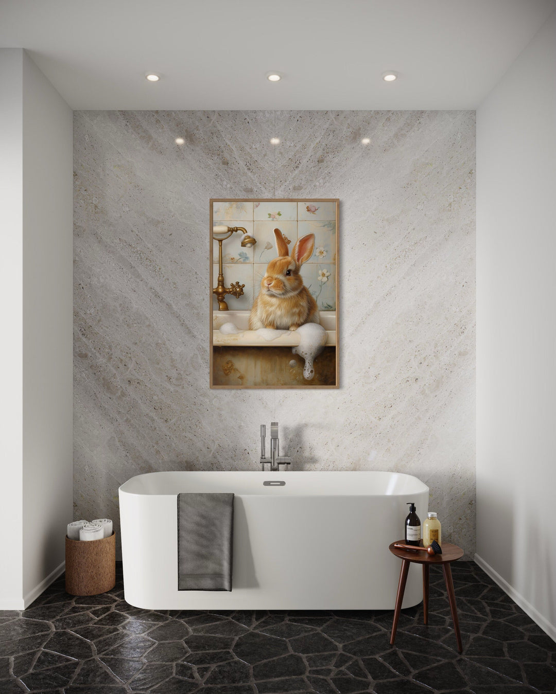 Framed canvas art of a bunny in a bathtub.