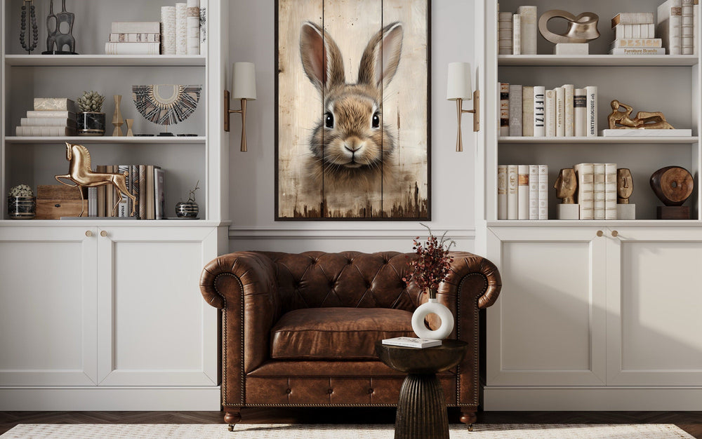 Bunny Painting On Wood Rustic Framed Canvas Wall Art