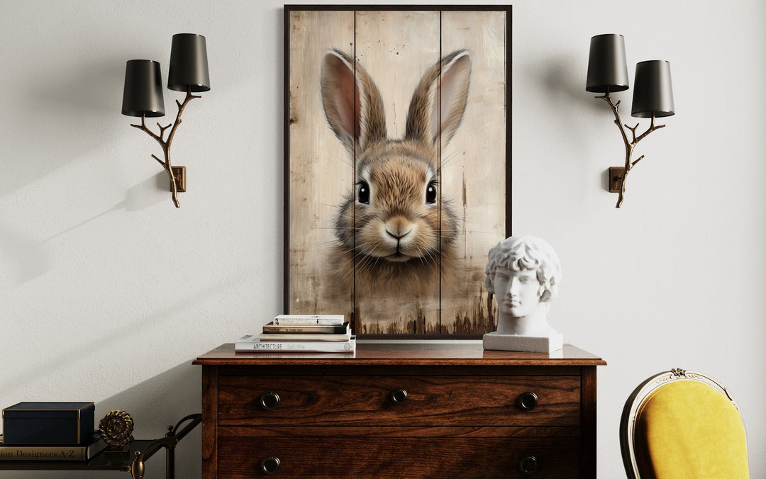 Bunny Painting On Wood Rustic Framed Canvas Wall Art