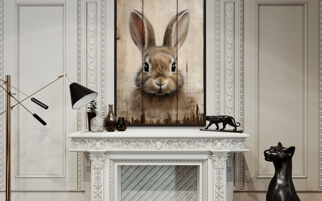 Bunny Painting On Wood Rustic Framed Canvas Wall Art