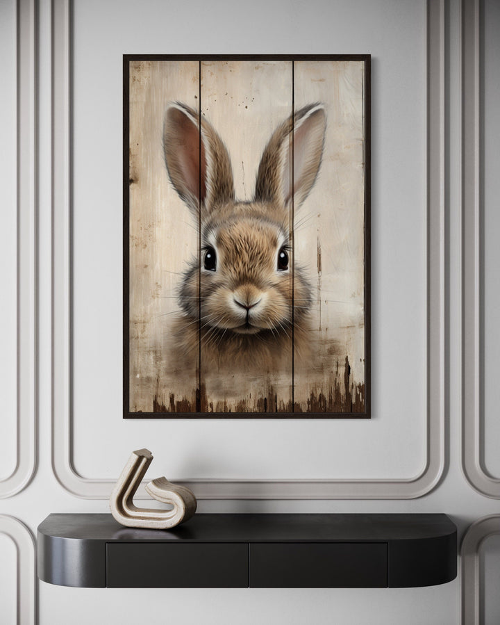 Bunny Painting On Wood Rustic Framed Canvas Wall Art