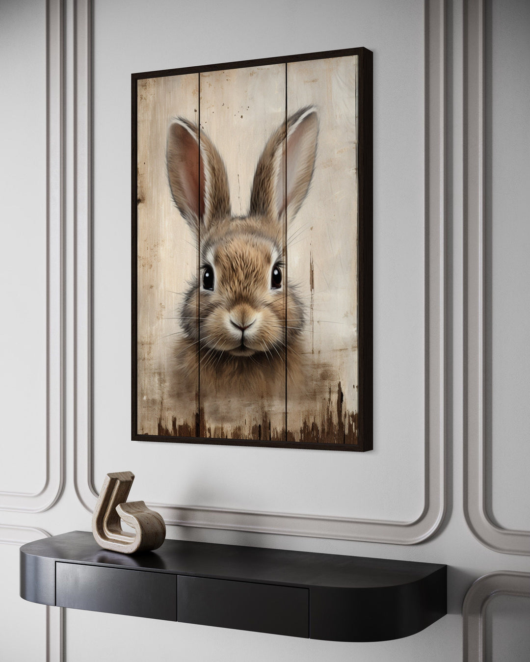 Bunny Painting On Wood Rustic Framed Canvas Wall Art