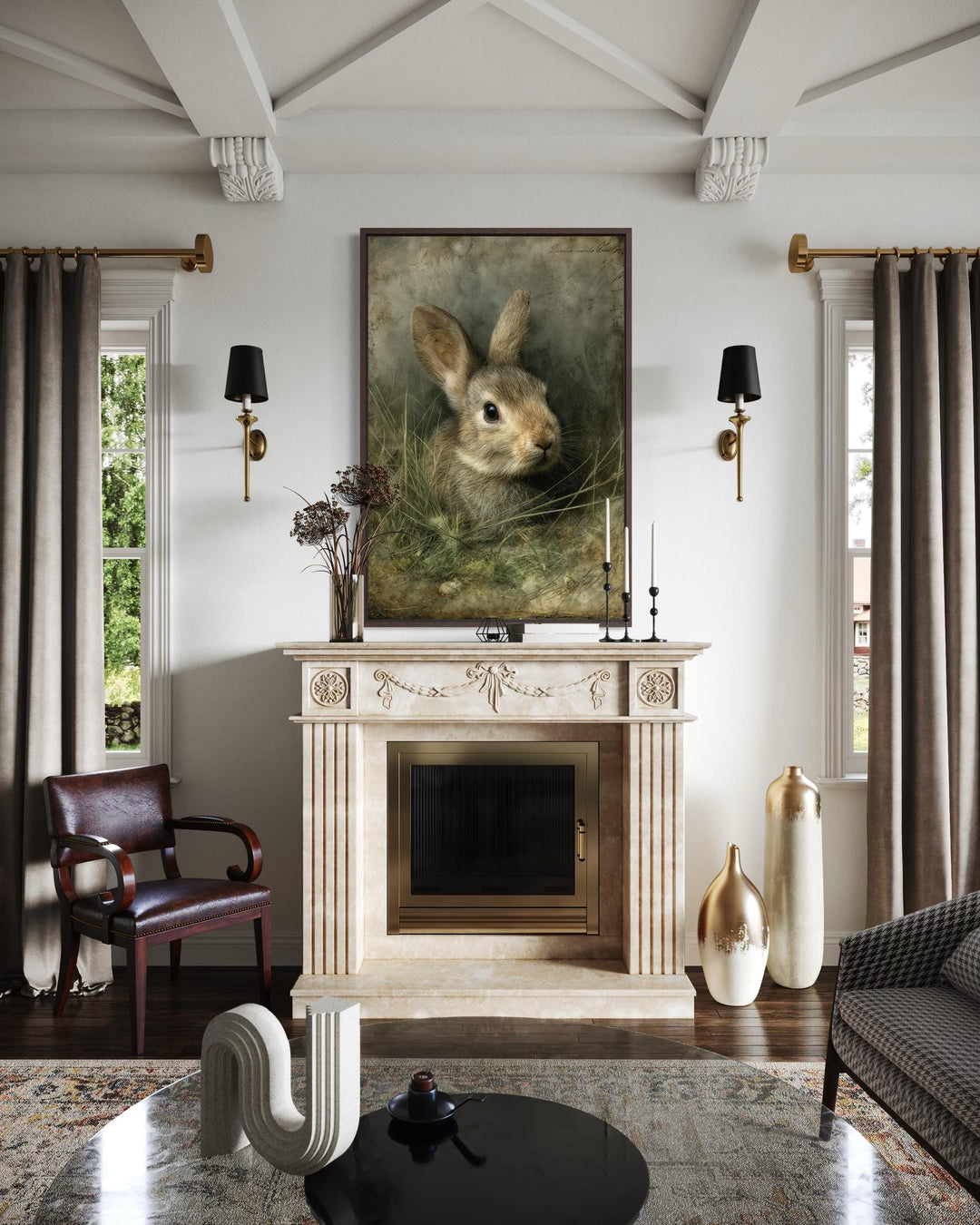 Vintage rabbit portrait on canvas in a dark wood frame hanging above a classic marble fireplace.