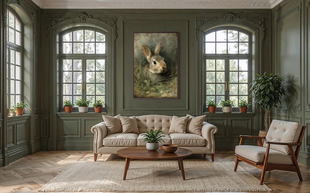Vintage rabbit portrait canvas wall art in a vertical frame centered on a dark green paneled wall.