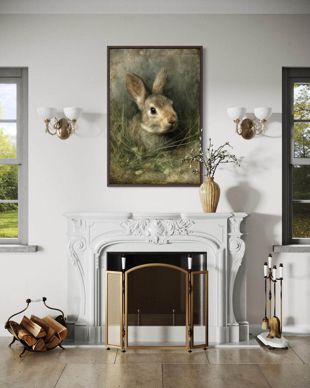 Vintage rabbit portrait canvas wall art displayed in a vertical frame above a white fireplace.