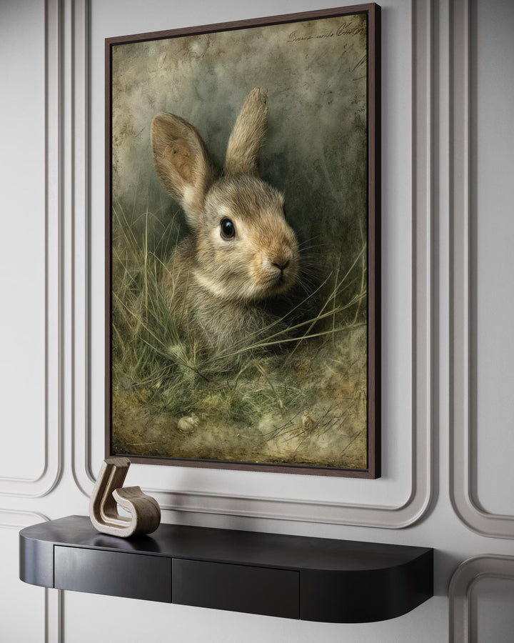 A vintage rabbit portrait on canvas in a dark wood floating frame hangs above a black console table.