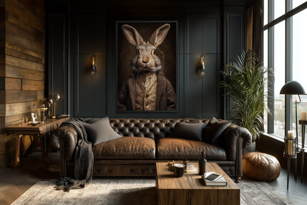 Bunny with monocle framed canvas wall art in a dark, sophisticated living room setting.