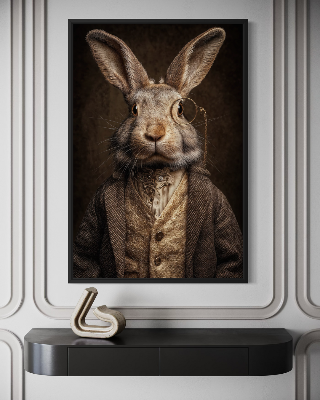 A framed canvas wall art featuring a portrait of a rabbit wearing a monocle and a vintage suit.