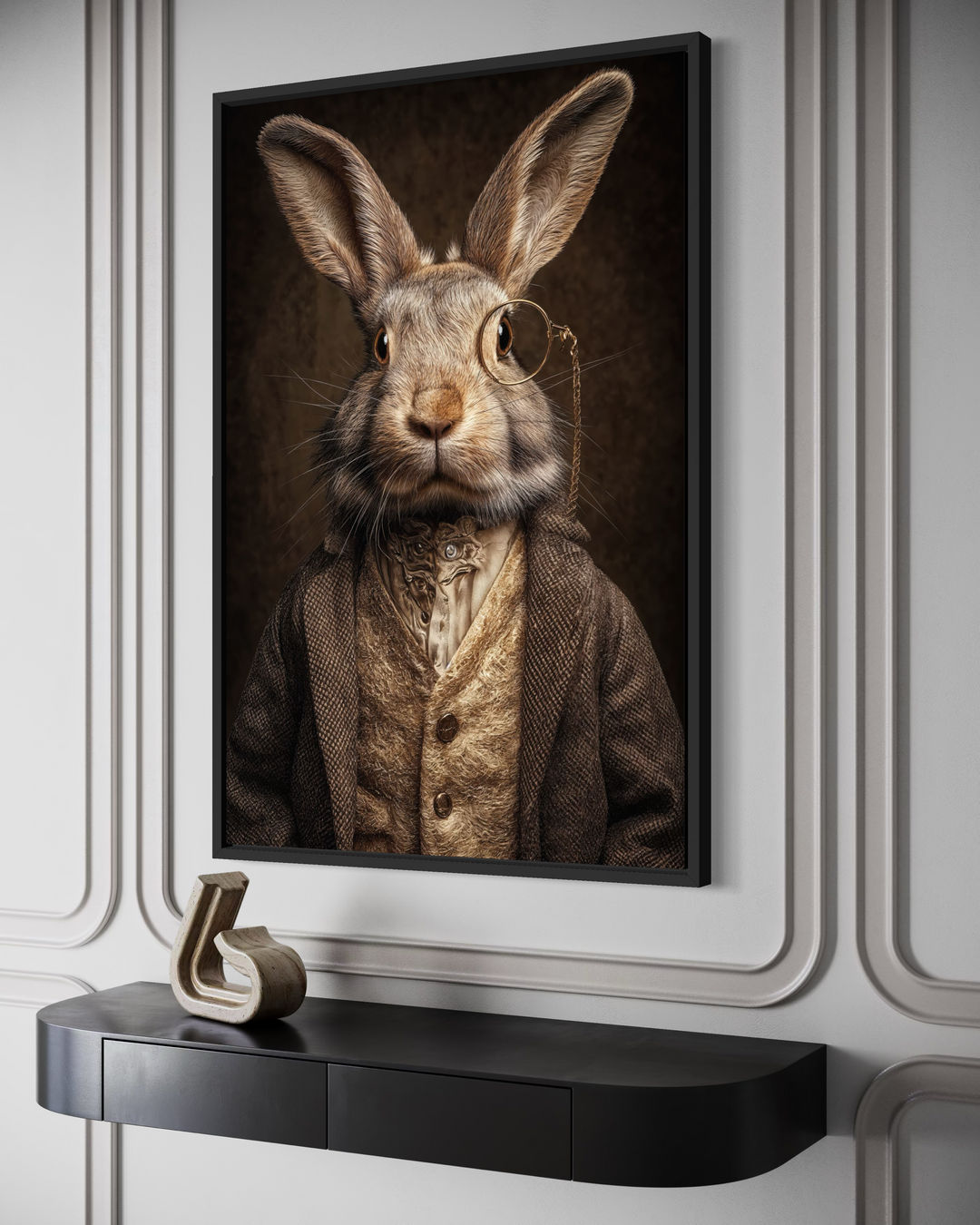 A framed canvas portrait of a rabbit wearing a monocle and suit hangs on a white paneled wall.