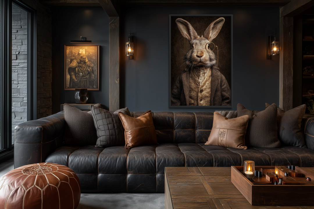 A framed canvas portrait of a rabbit wearing a monocle and a suit in a dark, rustic living room.