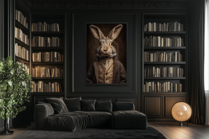 A framed canvas portrait of a rabbit wearing a monocle and suit in a dark, moody library setting.