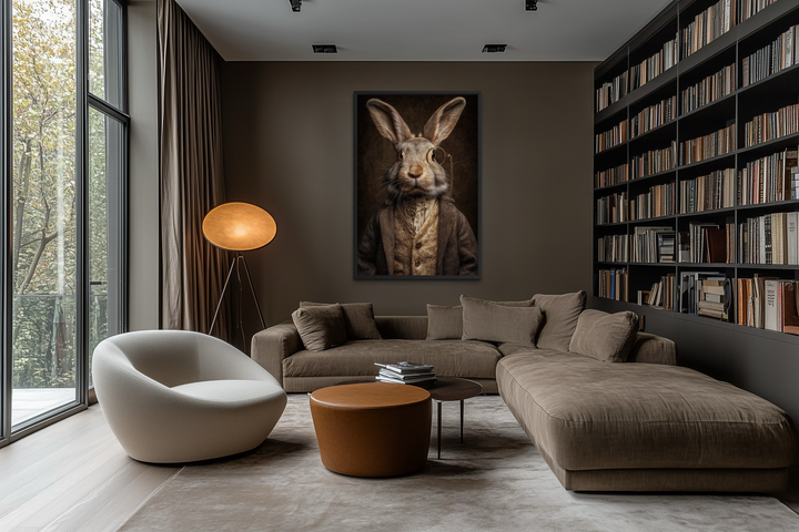A framed canvas portrait of a rabbit wearing a monocle and suit hangs in a modern living room.