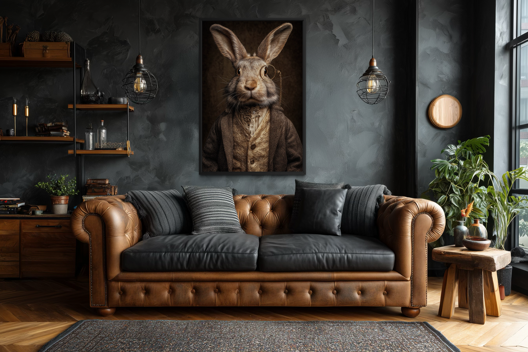 A framed canvas wall art featuring a portrait of a rabbit wearing a monocle and a vintage suit.