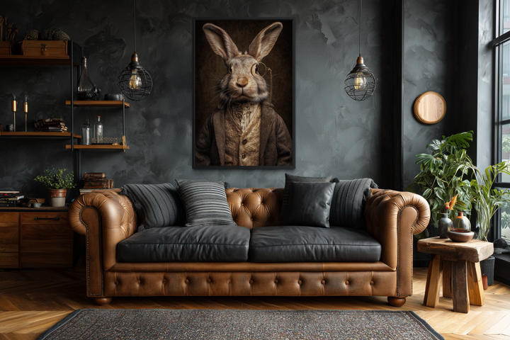 A framed canvas wall art featuring a portrait of a rabbit wearing a monocle and a vintage suit.