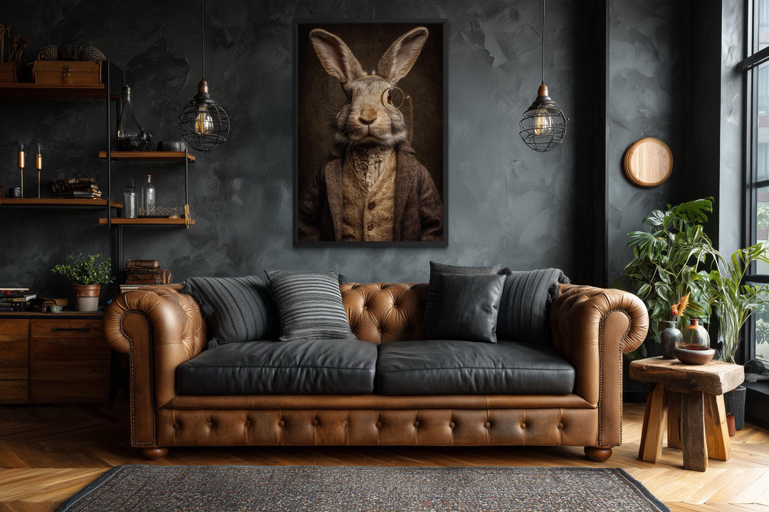 Bunny With Monocle Framed Canvas Wall Art