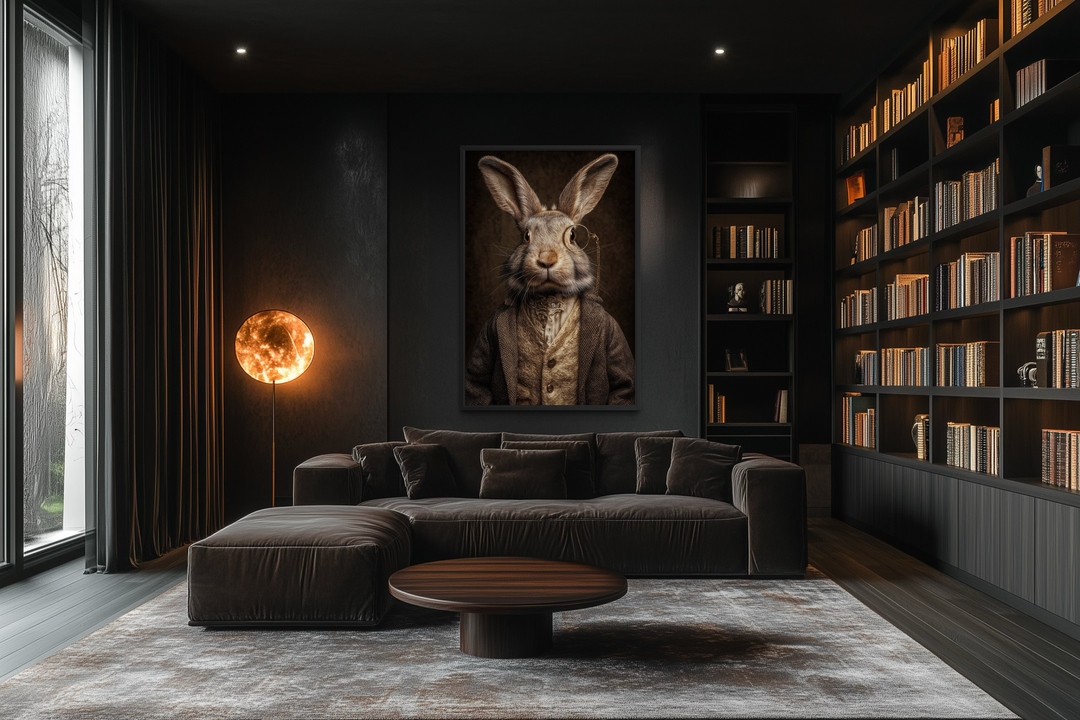 A framed canvas wall art featuring a rabbit wearing a monocle and a suit in a dark, modern room.