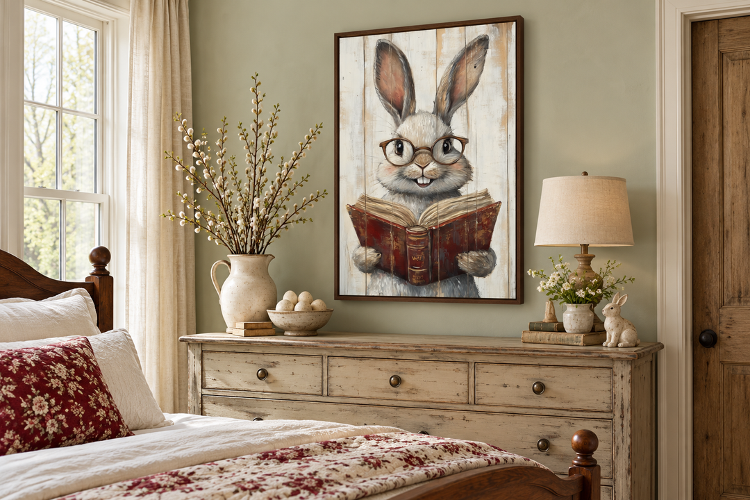 Smart bunny reading a book framed canvas wall art in a rustic farmhouse bedroom.