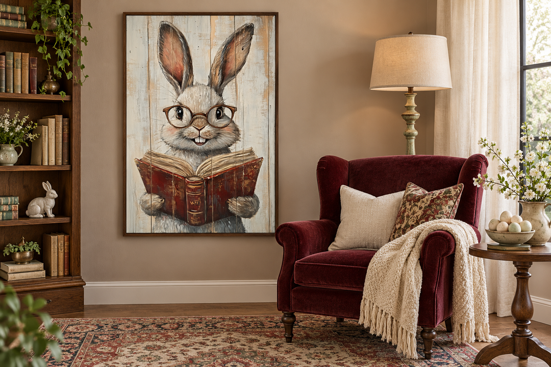 Smart Bunny Reading A Book Framed Canvas Wall Art in a rustic living room setting.