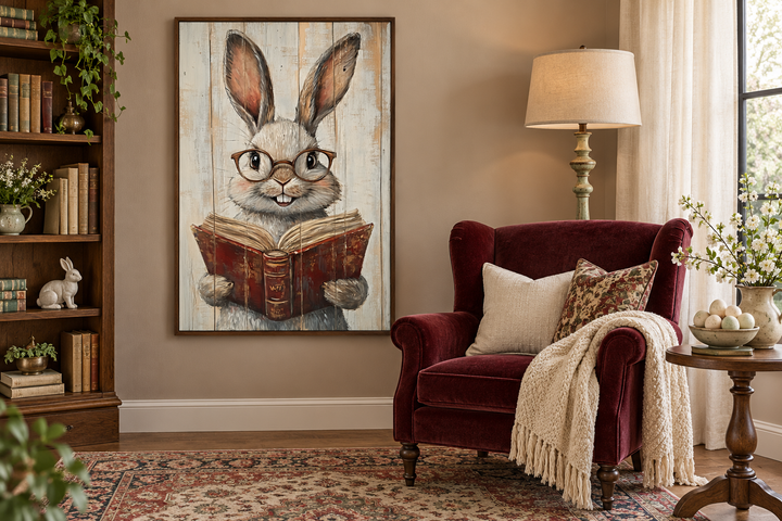 Smart Bunny Reading A Book Framed Canvas Wall Art in a rustic living room setting.