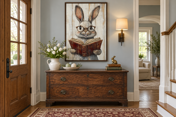 Framed canvas wall art of a smart bunny with glasses reading a book in a rustic farmhouse entryway.