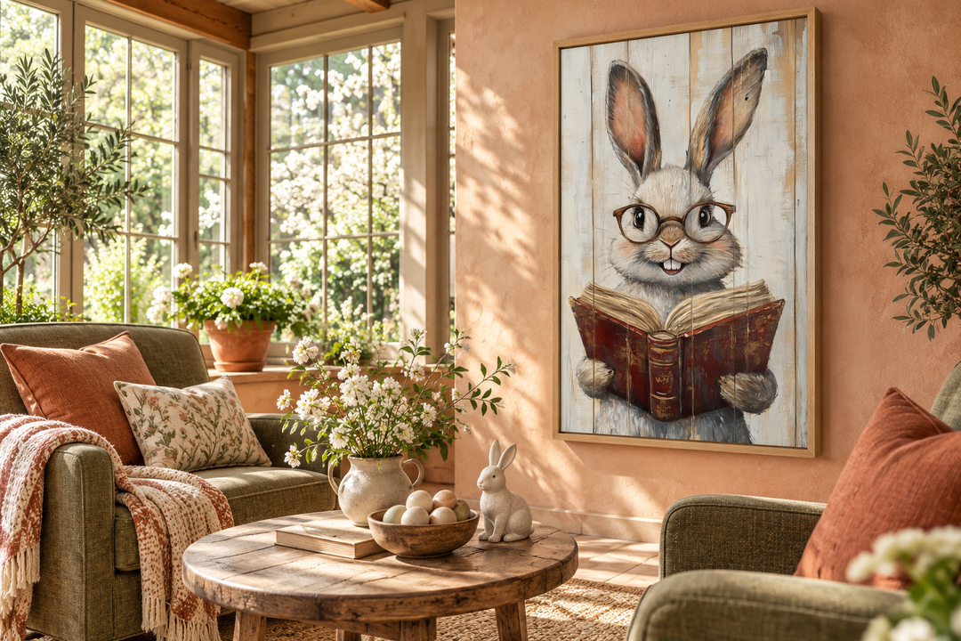 Smart Bunny Reading A Book Framed Canvas Wall Art in a rustic sunroom setting.