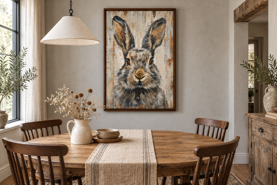 Rabbit rustic painting on wood framed canvas wall art hanging in a farmhouse dining room.