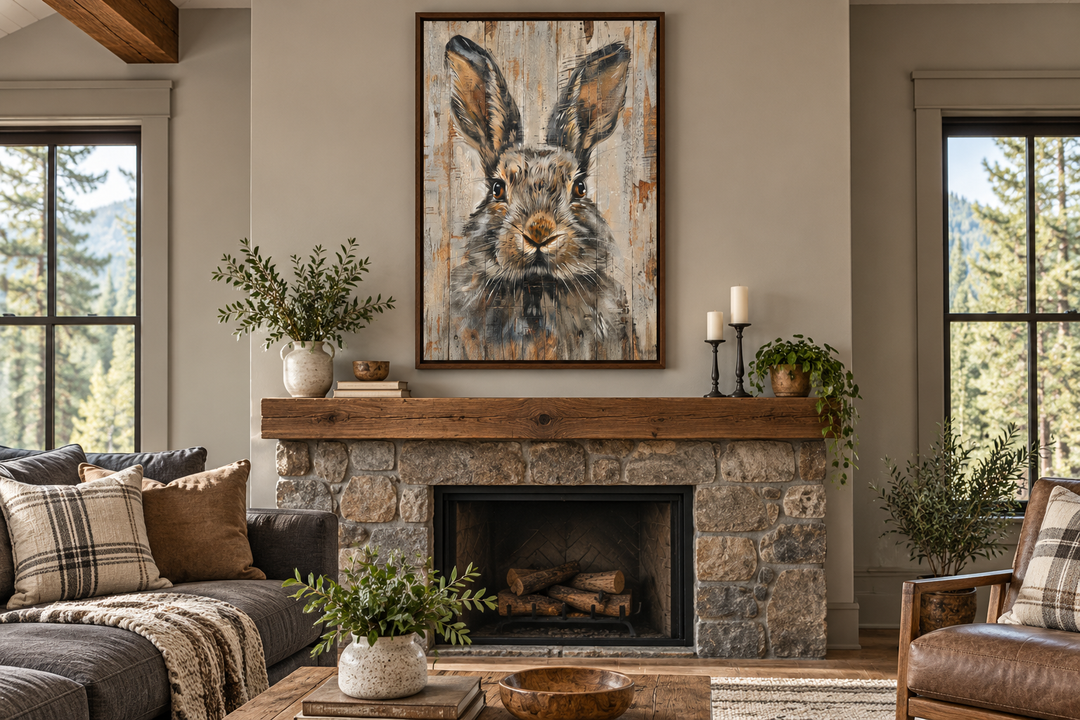 Rabbit rustic painting on wood framed canvas wall art hanging above a stone fireplace.