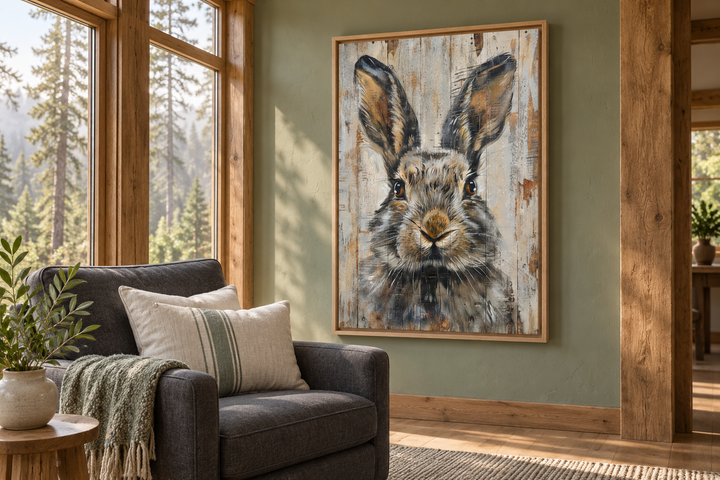 Rabbit rustic painting on wood framed canvas wall art in a cozy sunroom with a dark grey armchair.