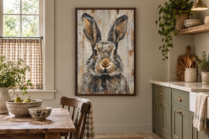Rustic rabbit painting on wood-textured framed canvas in a farmhouse kitchen setting.