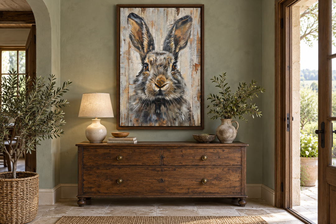 Rabbit rustic painting on wood framed canvas wall art above a wooden dresser in a farmhouse room.